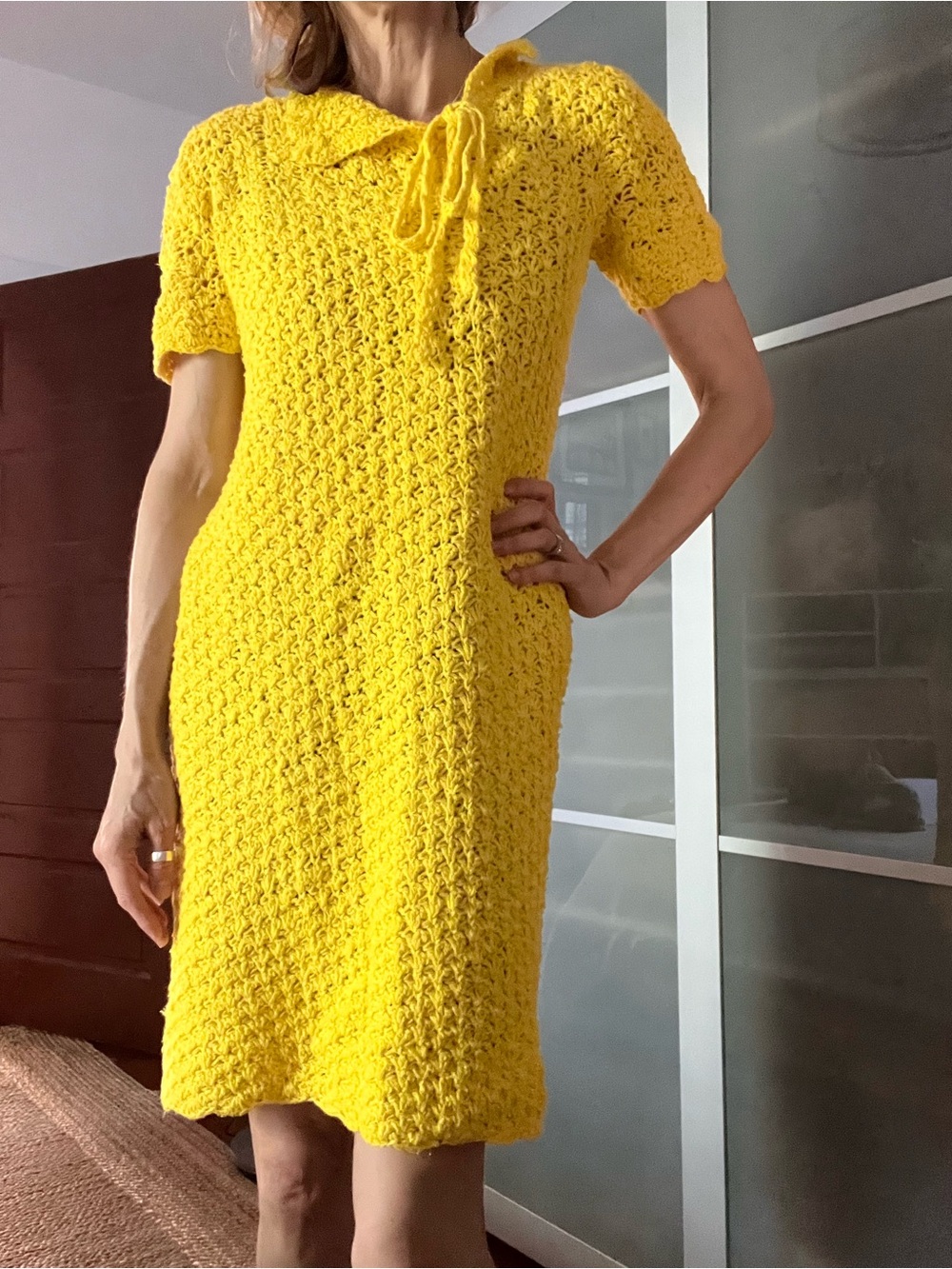 Handmade one of a kind yellow Vintage Crochet Knit Midi Dress with Tie Collar